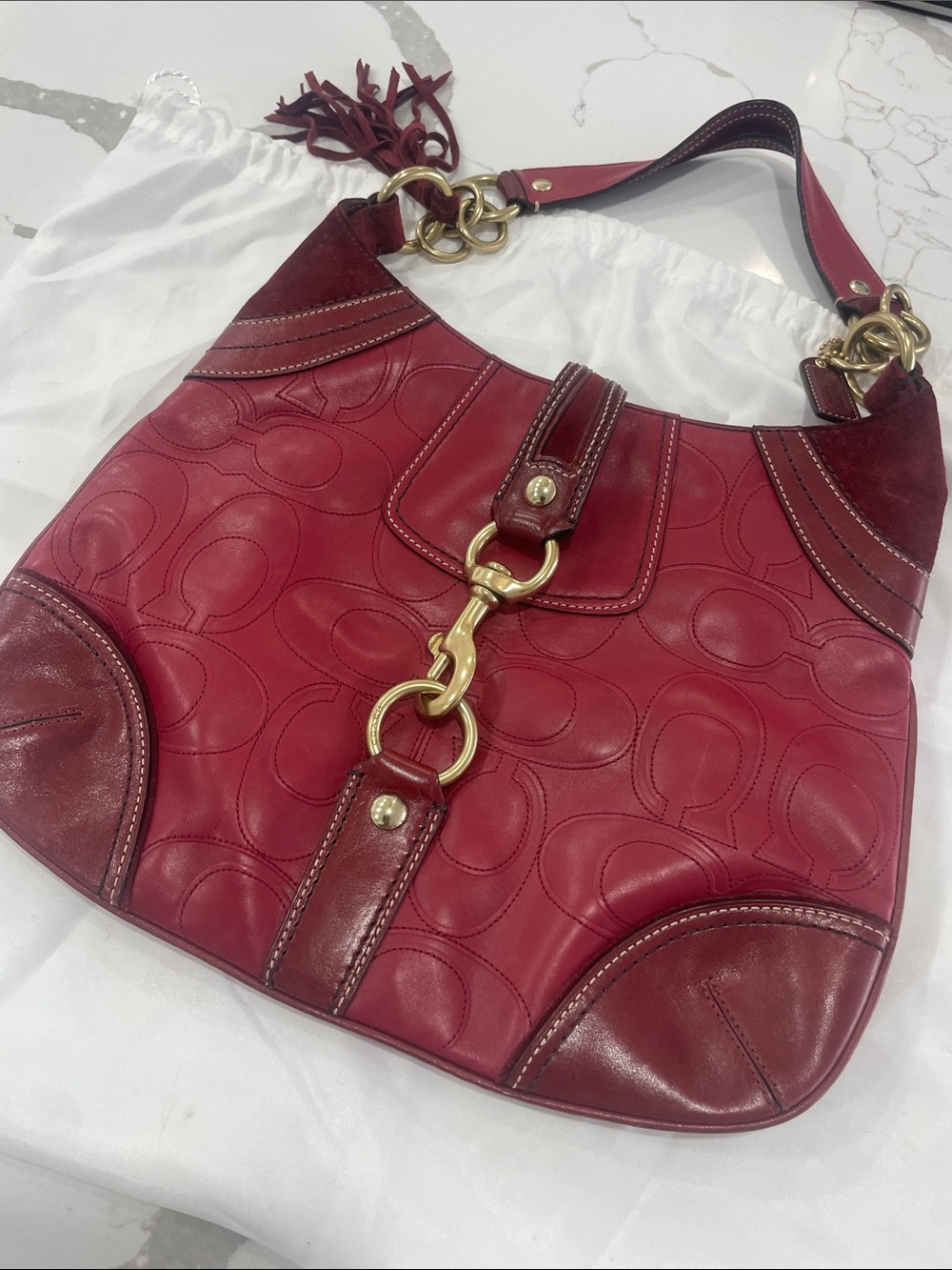 Coach Red Leather Shoulder Bag with Gold Hardware